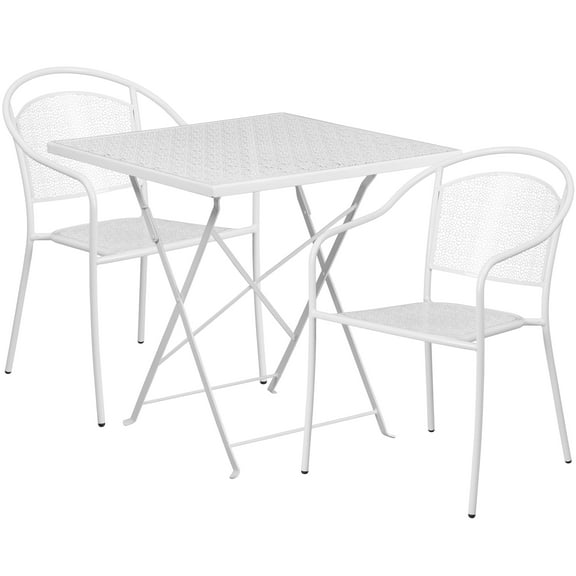Flash Furniture Oia Commercial Grade 28" Square White Indoor-Outdoor Steel Folding Patio Table Set with 2 Round Back Chairs