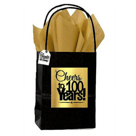 Black & Gold 100th Birthday / Anniversary Cheers Themed Small Party Favor Gift Bags with Tags -12pack