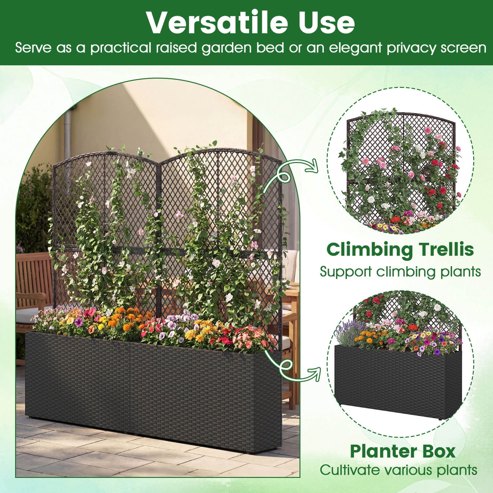 Costway 1 PCS 58” Raised Garden Bed with Trellis, Wicker Planter Box with Privacy Screen Black
