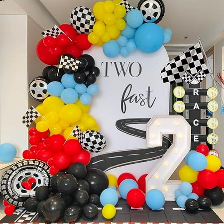 Race Car Birthday Party Balloons Arch Kit,179pcs Race Car Party Decorations Red yellow black and blue & Checkered Flag & Wheels Foil Balloon for Boys Racing car Theme Two Fast Party Supplies