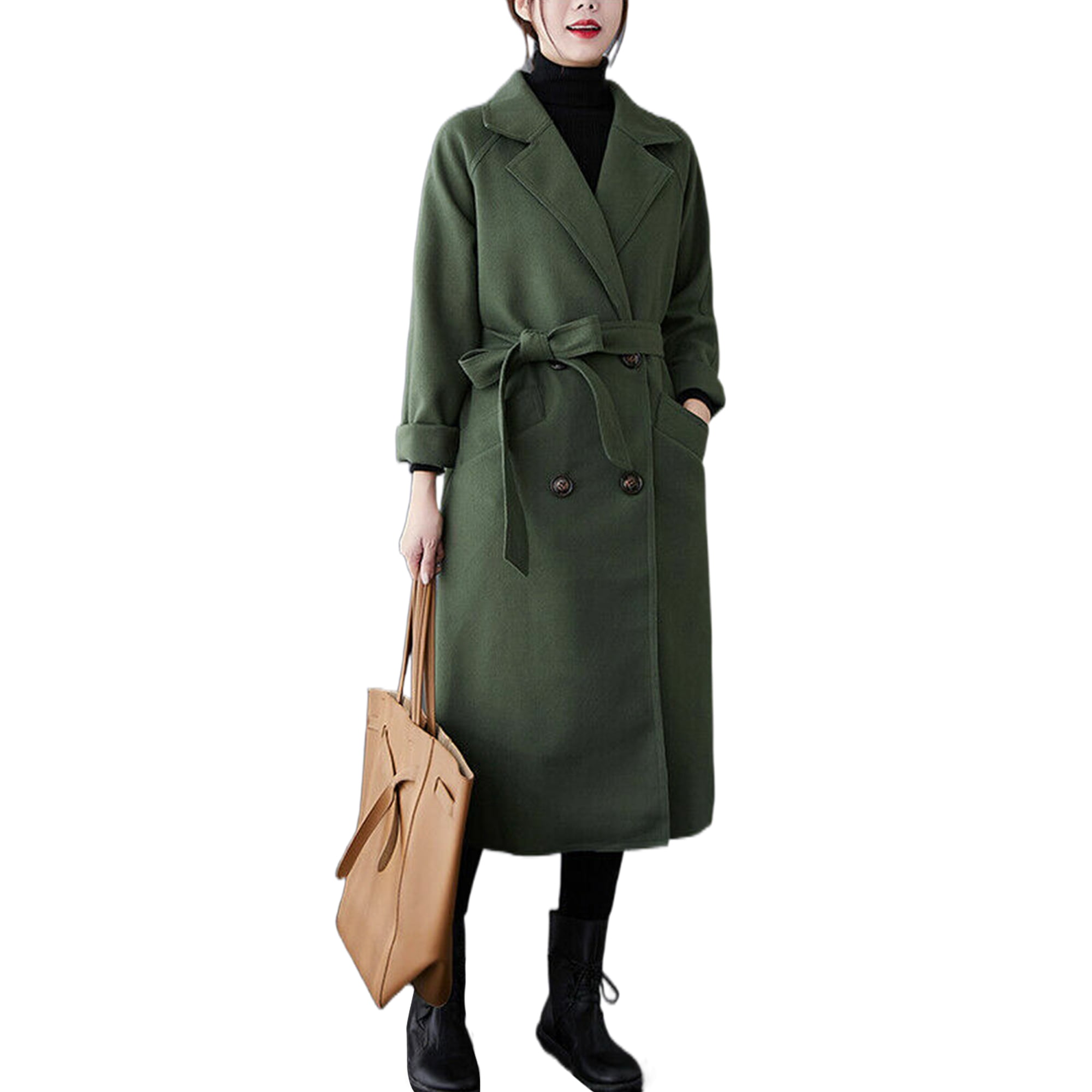 Bellella Women Casual Outwear Double Breasted Open Front Wool Pea Coat Winter Trench Coats Army Green XL Walmart