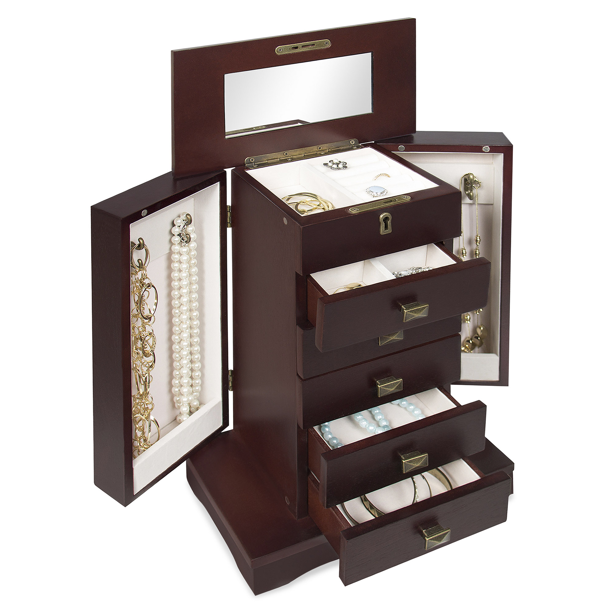 Jewelry Armoire Box Wood Tabletop Makeup Mirror Lock Key