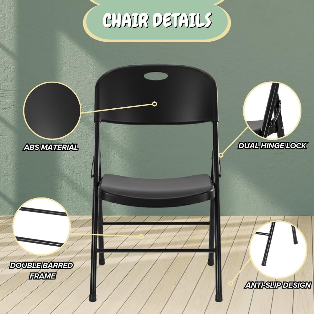CYCLONE S·O·U·N·D Heavy Duty Plastic Foldable Chair for Adults, Portable Folding Chair for Patio, Backyard, Party, or Wedding — Comfortable Stackable Outdoor Chair, Black (8 Pack)