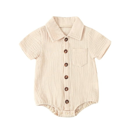 

ESASSALY Baby Girls Boys Shirts Romper Solid Color Turn-Down Collar Jumpsuits