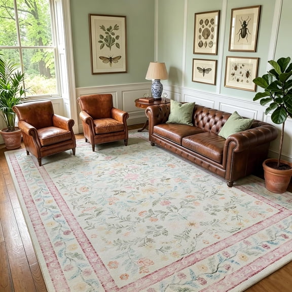 5x7 Area Rug for Living Room Washable Non Slip Low Pile Floral Pink