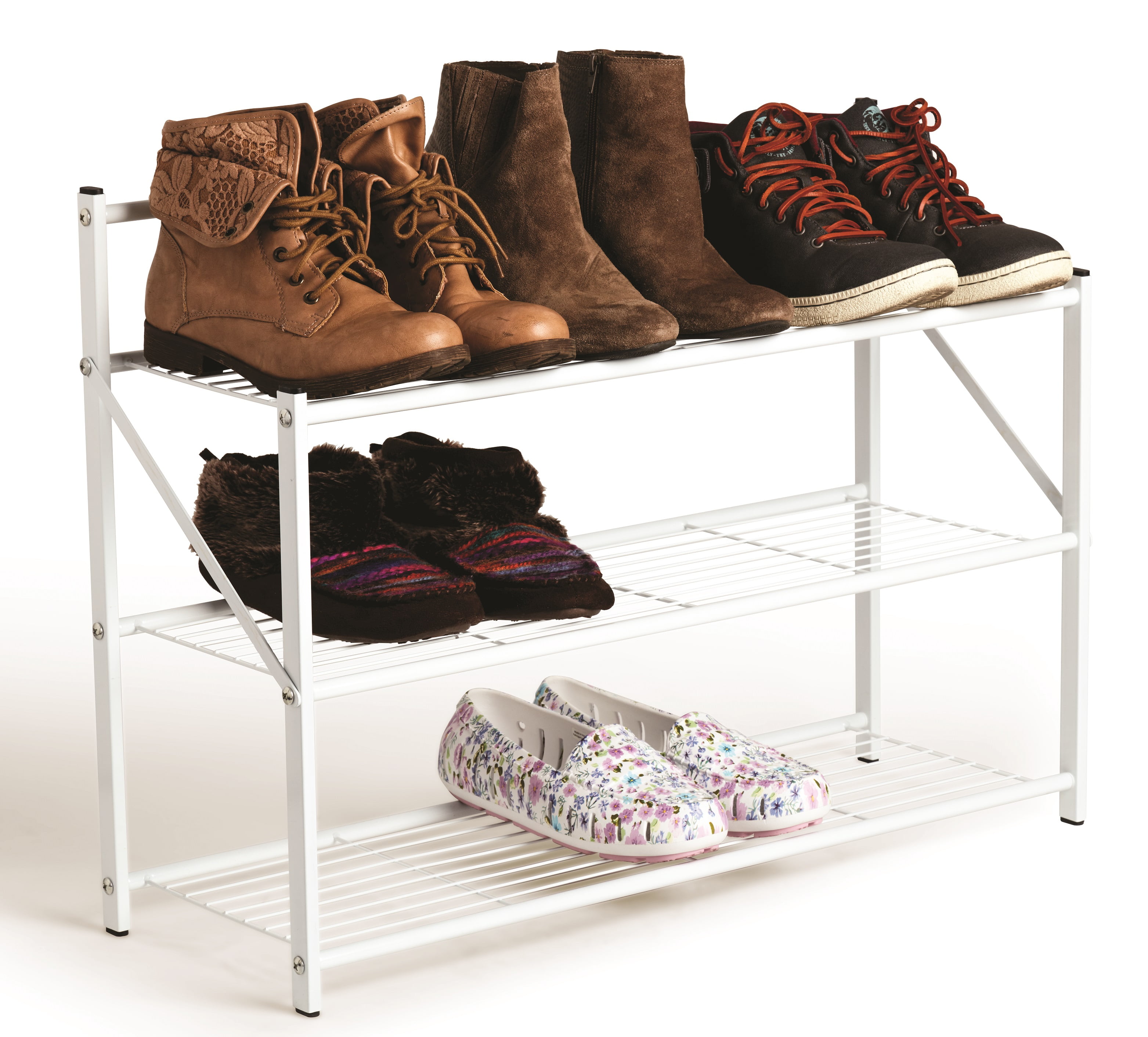 House 2 Home 27" Wide Foldable Metal Shelf / Shoe Rack, Powder Coated White Paint & 3 Tiers