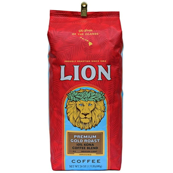 Lion Coffee Premium Gold Roast Ground Coffee, 10% Kona Blend, Medium-Light Roast, 24 oz