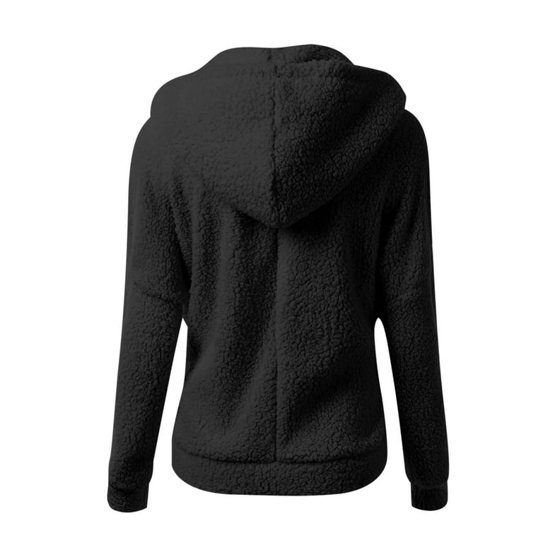 Cute Sherpa Fleece Hoodie Jacket Women Full zip Cat Ears Long Sleeve Plush Faux Shearling Plain Hooded Sweatshirt Small Black Walmart