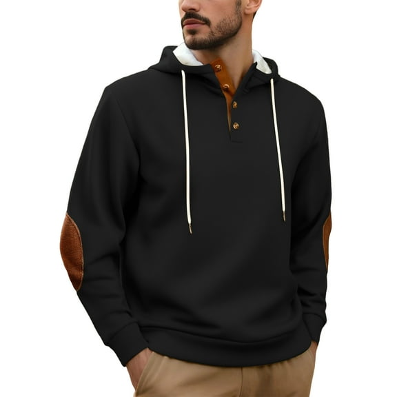 XIAONU Mens Hoodies Vintage Button V Neck Pullover Hooded Sweatshirts Contrast Elbow Patches Long Sleeve Oversized Streetwear Top Black L