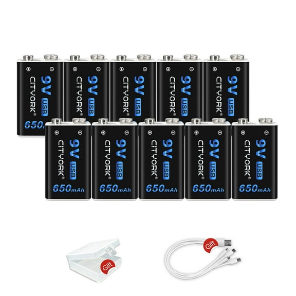 CITYORK Rechargeable 9V Batteries Backup Replacement Square Battery Power Pack 650mAh Doorbell Batteries Microphone Batteries 10 packs
