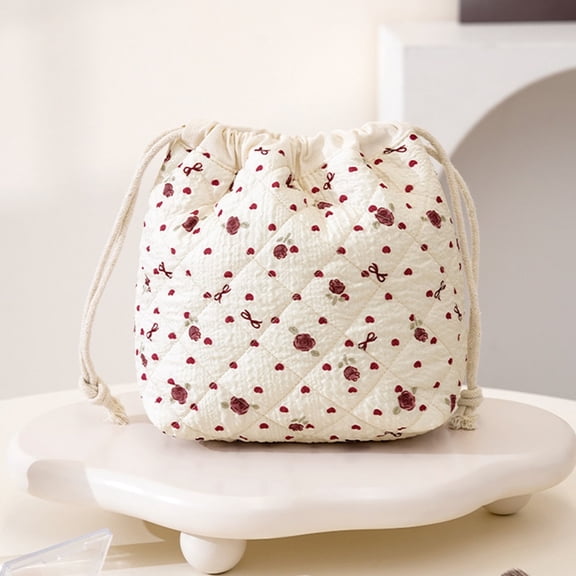 Byujiro Floral Quilted Drawstring Cosmetic Pouch Lightweight Printed Storage Bag Portable Makeup Organizer for Travel & Daily Use