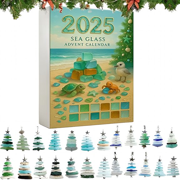 LAMIRO Sea Glass Christmas Tree Advent Calendar 2025 24 Days Christmas Countdown Calendar with 24 Mini Natural Sea Glass Christmas Tree Ornaments Handmade Seaside Christmas Holiday Decor