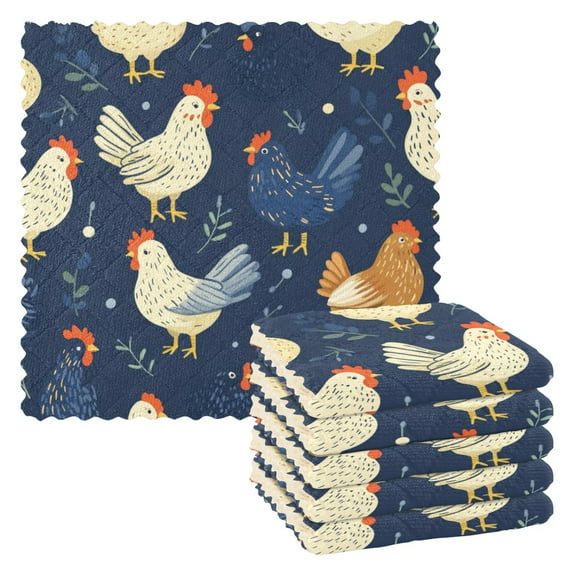 6PCS Dish Towels and Dish Cloths Reuseable Dishcloths Sets for Washing Dishes, Cooking, Baking Size 11" x 11" Chickens and Hens