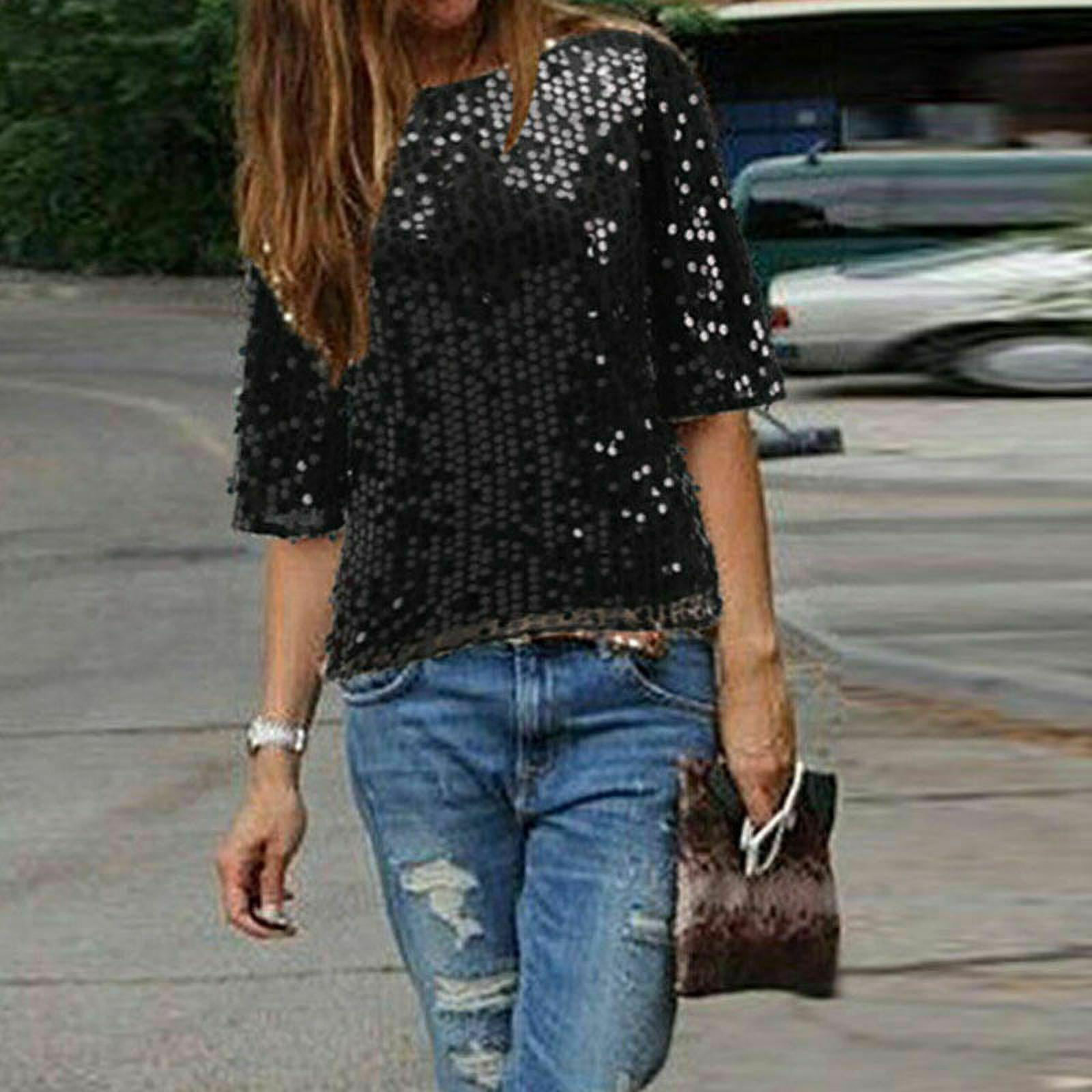 Womens Casual Short Sleeve Tunic Tops Cold Shoulder Sequin Glitter T-Shirt Comfy Sparkle Blouse Tee Pullover
