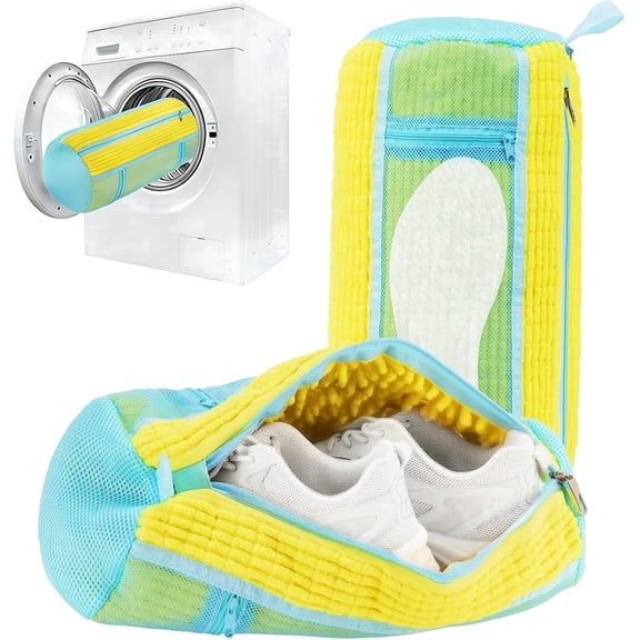 Shoe Washing Machine Bag 2 Pack, Laundry Shoe Bags with Insole Pocket, Reusable Shoe Cleaning Bags for Washer and Dryer, Protective 360° Deep Clean for Sneakers Tennis All Shoes Types(Yellow