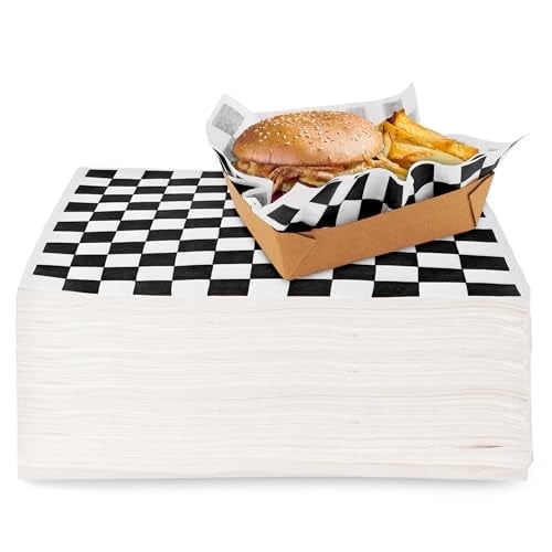 Deli Paper Sheets (250 Count) 12-Inch Black Checkered Square Sandwich Wrapping Paper Grease Resistant Perfect for Concession Stand, Carnival, Party, Fast Food, Cheese, Basket Liner and Food Packaging