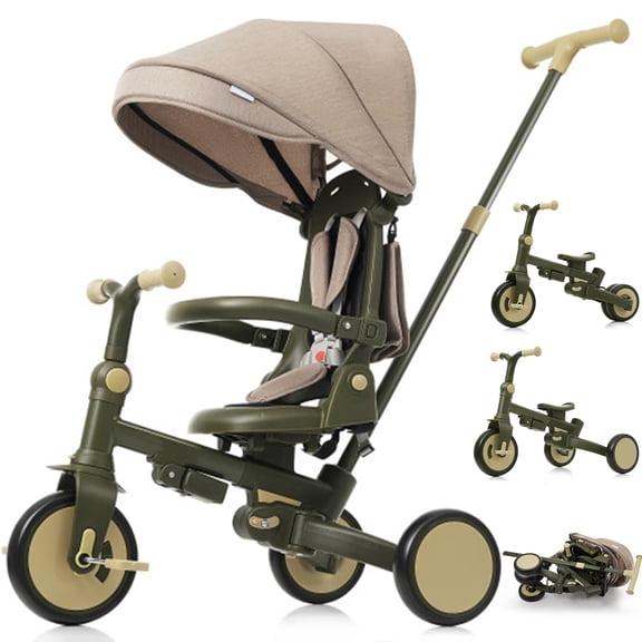 KEHOMY 7 in 1 Baby Tricycle, Foldable Toddler Tricycle with Removable and Adjustable Parent Handle, Toddler Push Bike with Removable Pedal, Canopy, and Guardrail, Tricycle for 1-6 Years, Dark Green