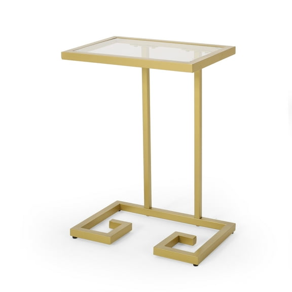 Noble House Speakes Iron C-Shaped End Table with Tempered Glass, Gold