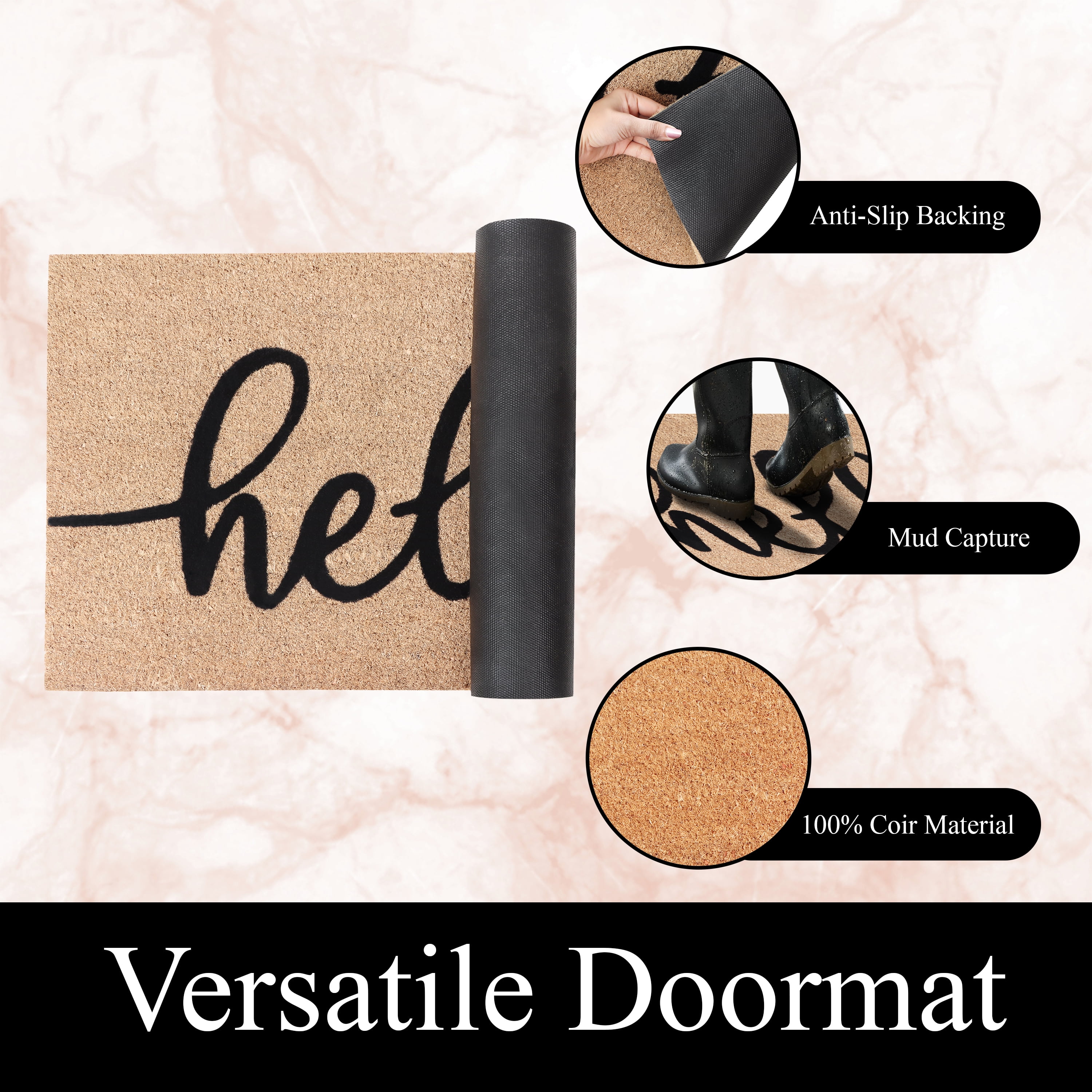 A1HC Natural Coir Flocked Doormat, Black Hello , 18"x30", Durable Outdoor Welcome Mat, Non-Slip, Pet Friendly, Fade Resistant