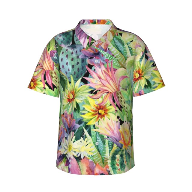 Balery Watercolor Blooming Cactus Camisas hawaianas de manga corta para hombre, camisas playeras de corte holgado, camisas de vacaciones con botones,XX-Large