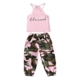 thumbnail image 3 of Gureui Girl’s 2Pcs Clothes Set, Sleeveless Letter Printed High Neck Halter Tops with Camouflage Printed Long Pants Clothes Set, 3 of 8
