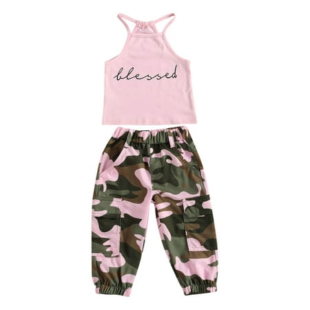 

wybzd Toddler Baby Girl Outfits Sleeveless Halter Vest Letter Tank Top Camouflage Pants Set 2Pcs Summer Tracksuit Pink 1-2 Years