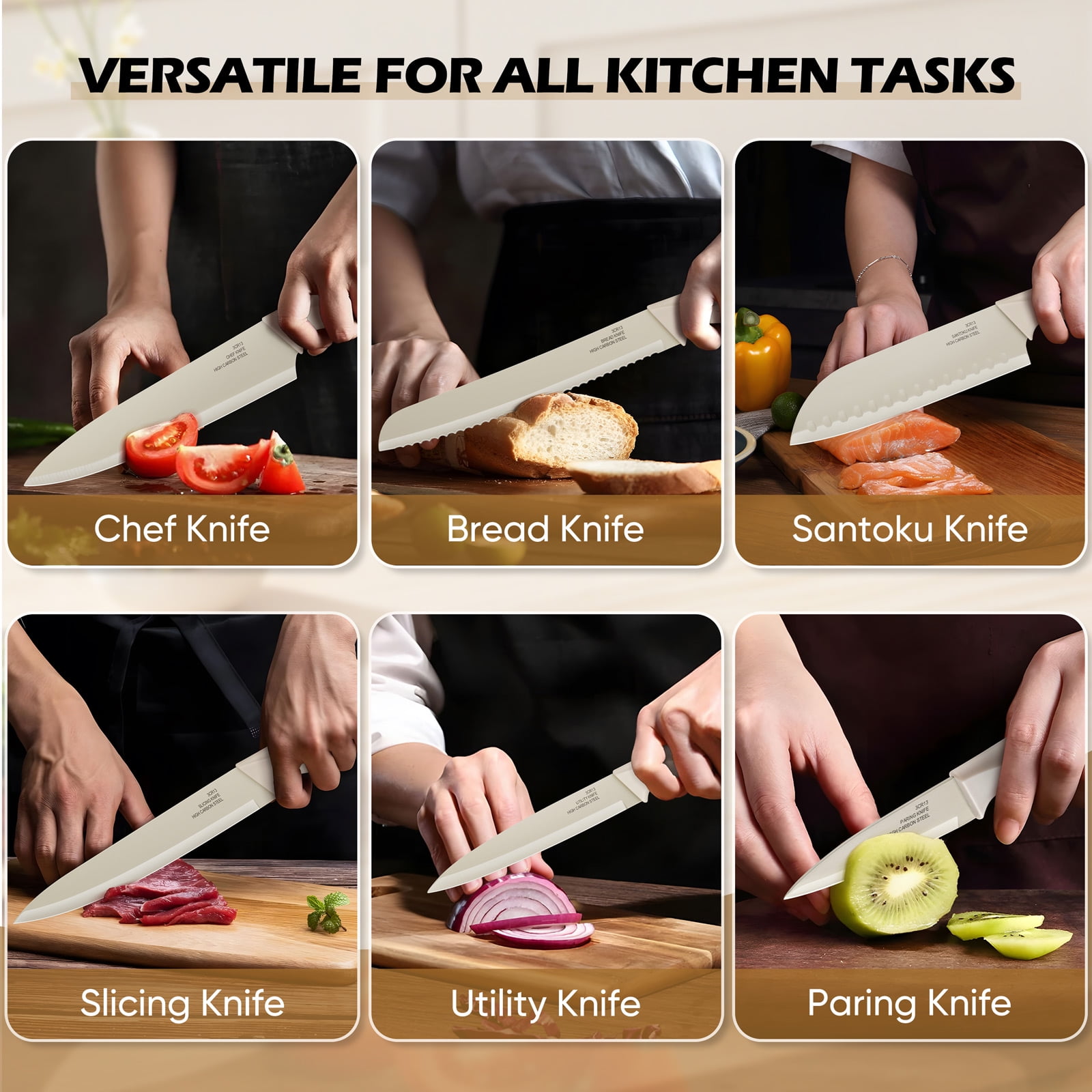 Vesteel Knife Block Set for Kitchen, 15-Piece High Carbon Stainless Steel Knives Set with Ergonomic Handle, Ultra-sharp & Rust Resistant, Khaki