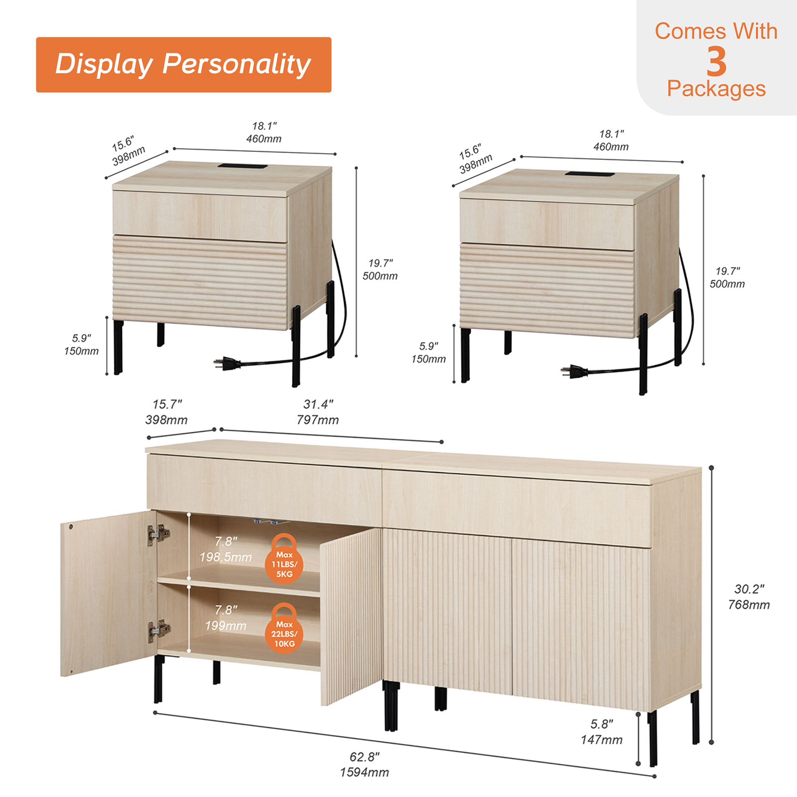 4 Pcs Bedroom Set，Wooden Dresser and Nightstand Sets for Bedroom, Reeded Dresser Set with Doors, Night Stand of 2 with Charging Station