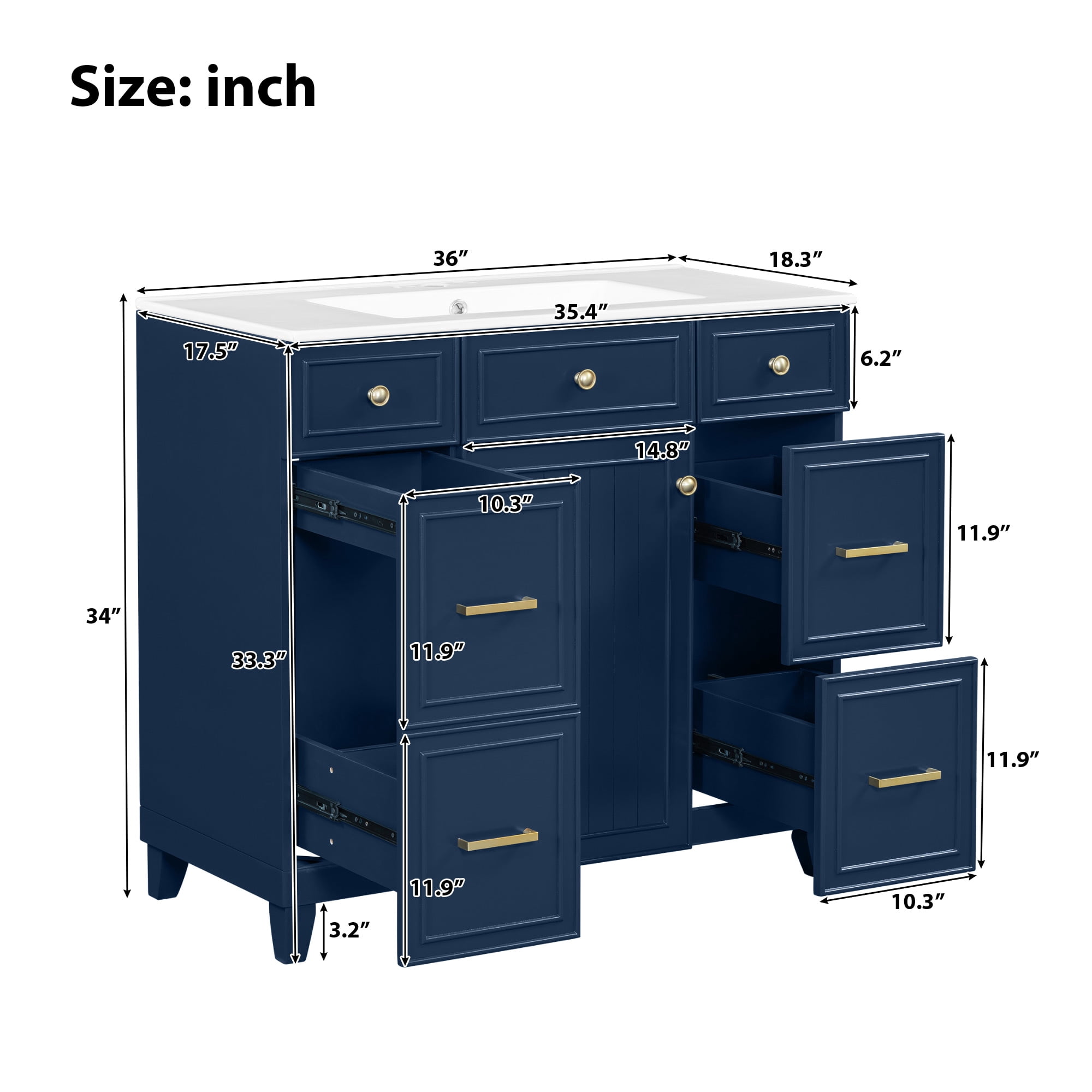 Euroco 36" Euroco Bathroom Vanity with Ceramic Sink, Blue, Solid Wood Frame, Soft Close Doors, Adjustable Shelves, 3 Drawers,Including Double-Depth Drawer for Hairdryer Storage