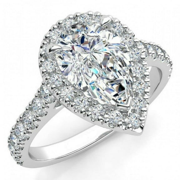 HeartsAndYou 3ct Pear Cut Moissanite Halo Solitaire Unique Engagement Ring for Women 18k White Gold over Silver