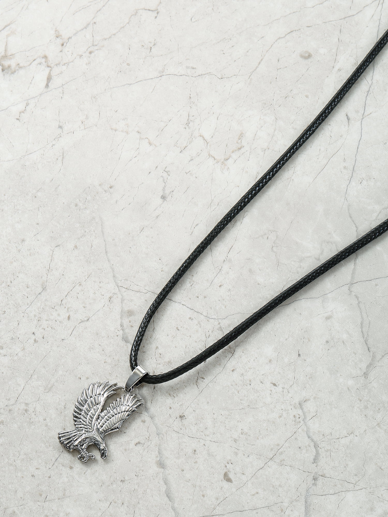 No Boundaries Men's Eagle Pendant Cord Necklace, Black and Silver, 1 Pack