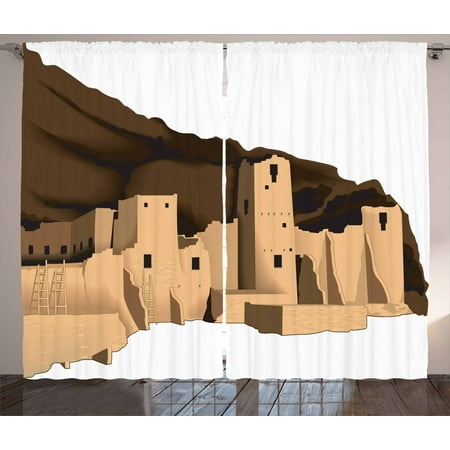 Colorado Curtains 2 Panels Set, Mesa Verde National Park Historical Cliff Palace Monument Illustration, Window Drapes for Living Room Bedroom, 108W X 84L Inches, Brown and Sand Brown, by