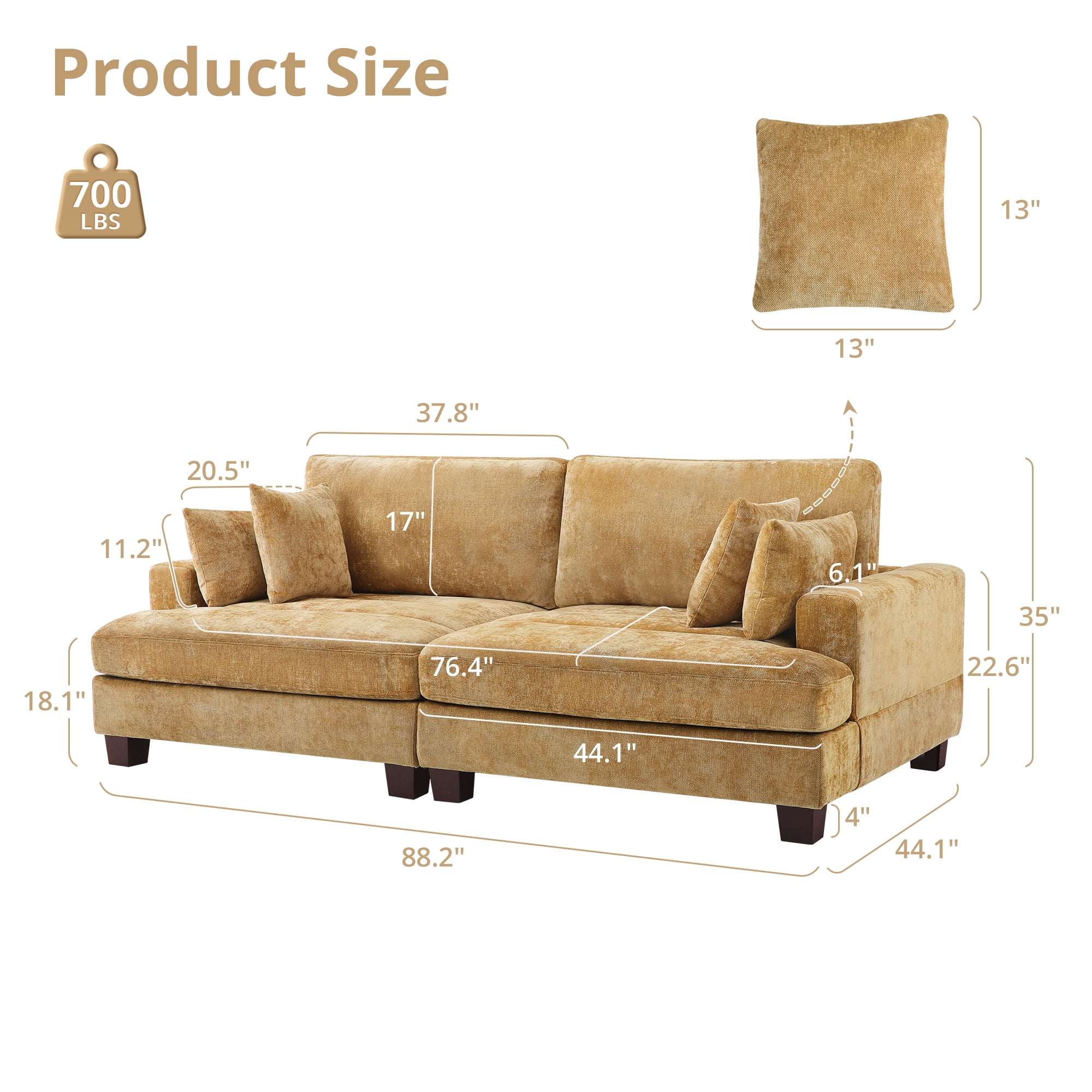 Dycanpo 3 Seater Corduroy Sectional Sofa with Pillow, 88" Upholstered Yellow Couch, Loveseat Sofa for Living Room, Yellow