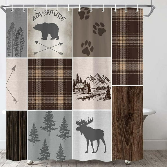 Cabin Rustic Shower Curtain, Bear Deer Country Hunting Wild Animal Lodge Fabric Bath Curtains, Plaid Check Adventure Bathroom Curtain with Hooks Polyester, 72X72in