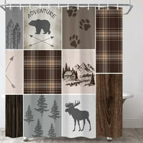 Cabin Rustic Shower Curtain, Bear Deer Country Hunting Wild Animal Lodge Fabric Bath Curtains, Plaid Check Adventure Bathroom Curtain with Hooks Polyester, 72X72in