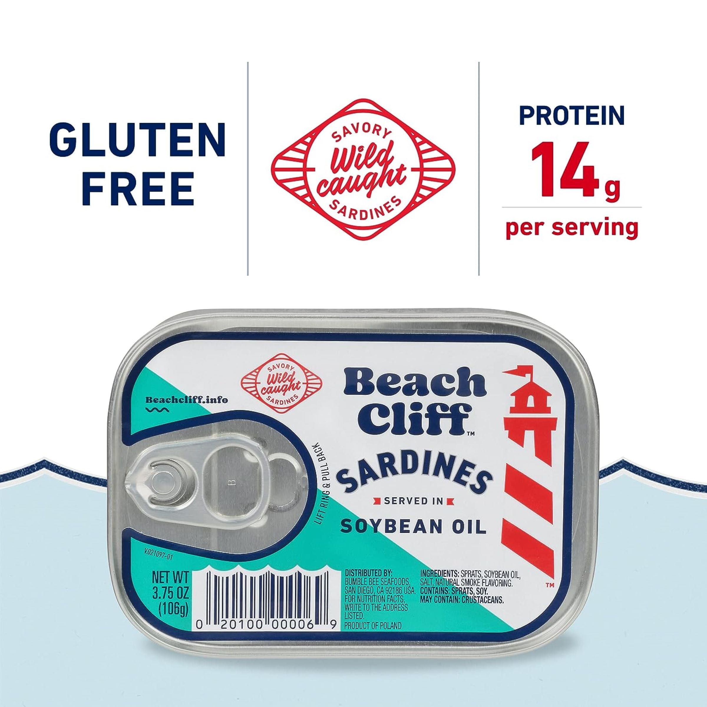 (8 pack) Beach Cliff Wild Caught Sardines in Soybean Oil, Gluten Free, 14g Protein Per Serving, Shelf Stable Tin Can, 3.75 oz