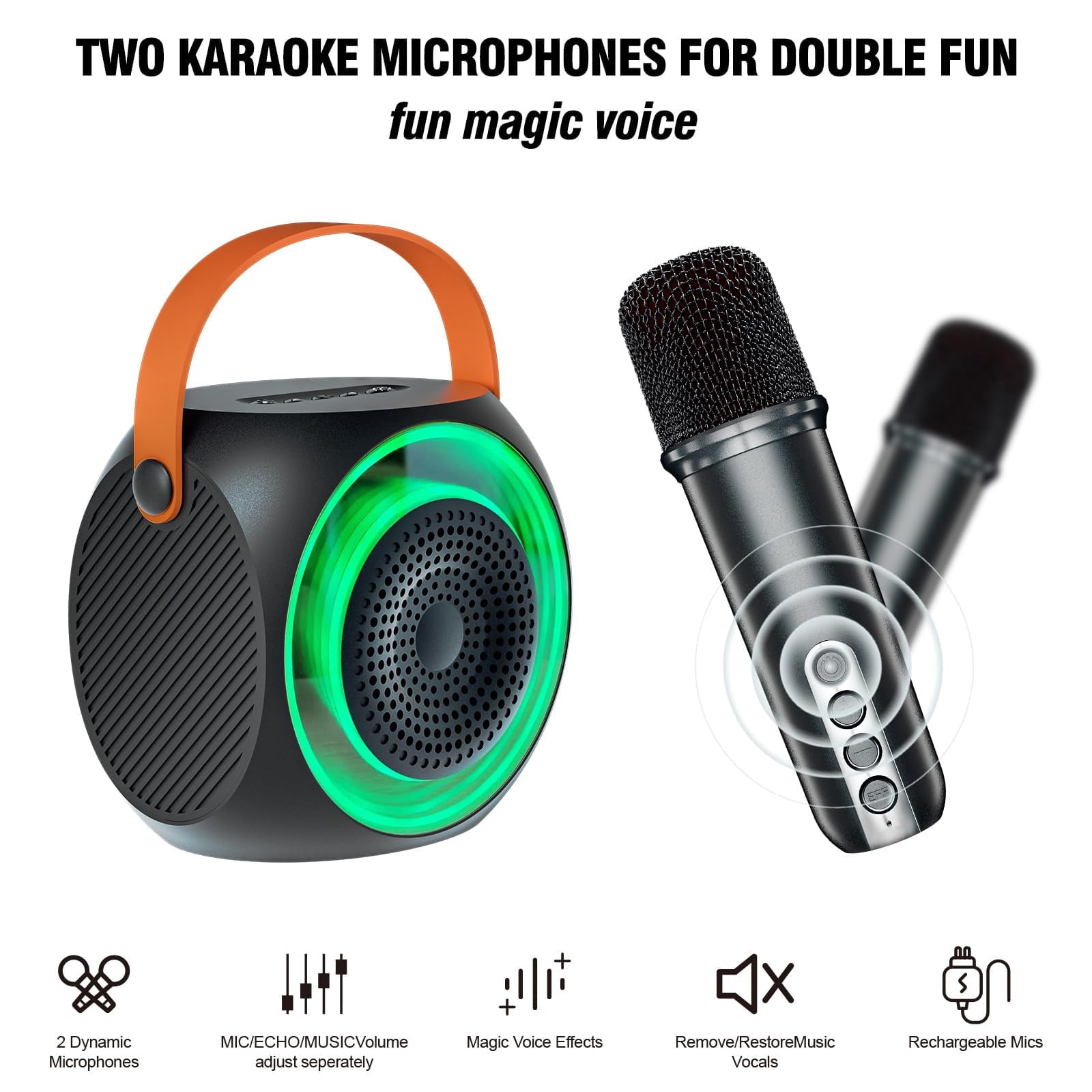 Mini Karaoke Machine for Kids Adults, Portable Karaoke Speaker with 2 Wilreless Microphones and Bluetooth for Home Party, Birthday Gifts for Boys/Girls,Black