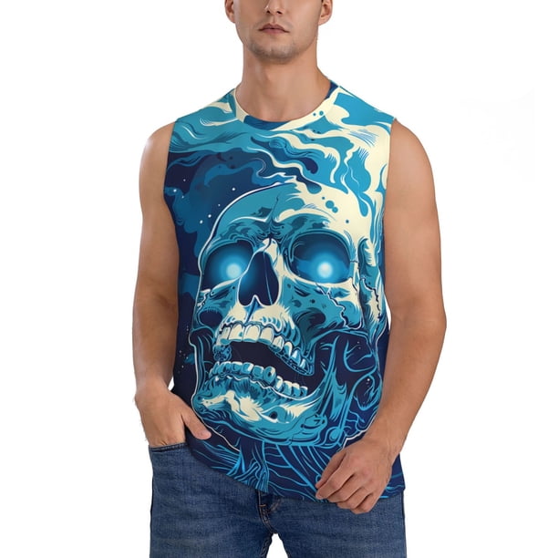 Fotbe Abstract Blue Skull Men's Camiseta sin Mangas Estampada para Hombres, Playera Casual para Gimnasio, Entrenamiento, Playa-XX-Large