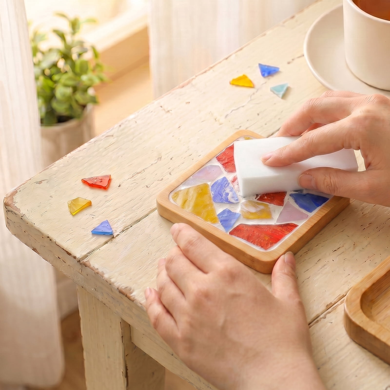 4 Pcs DIY Mosaic Kit for Adult Glass Tile for Craft with Bamboo Cup Pad for Mixed Color Mosaic Art Craft Cup Mat Project Handmade Making Kit Set for Home Decor Present