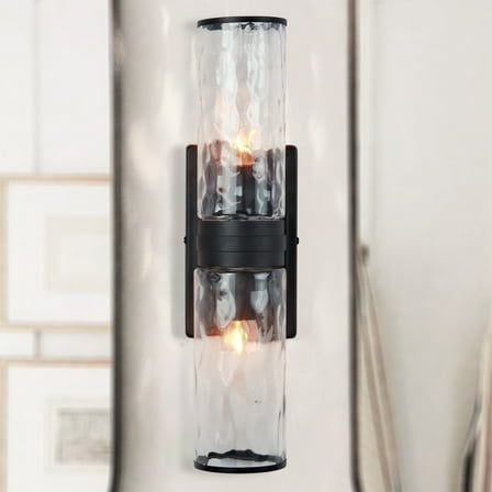 Modern Double Tube Hammered Glass Shade Sconce with Black Metal, Rich Finishes Wall Sconce, Minimalist Wall Light beside Mirror, for Hallway, Entryway