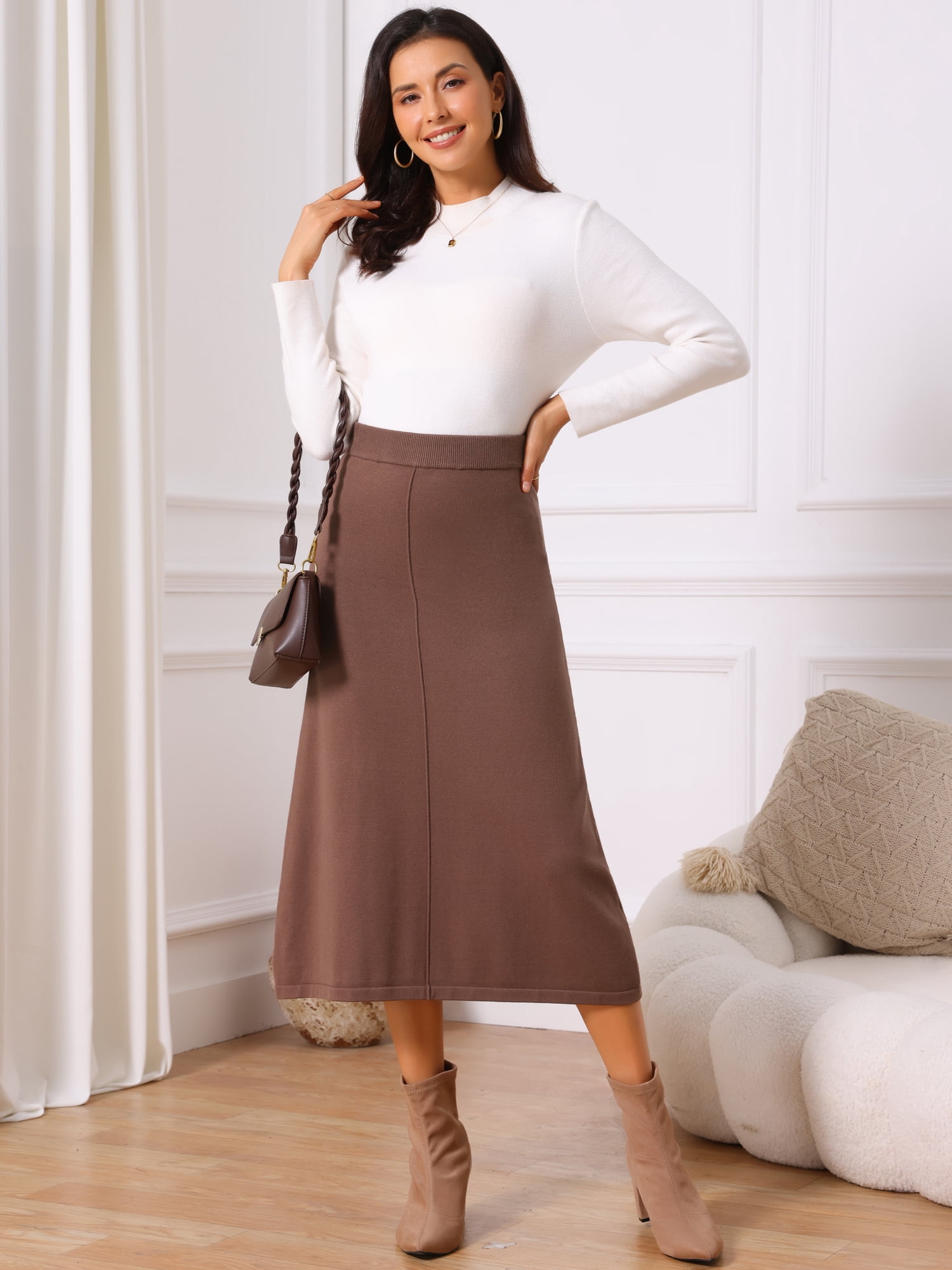 DARING DIVA Women's Sweater A Line Elastic High Waist Stretchy Midi Skirt S Coffee