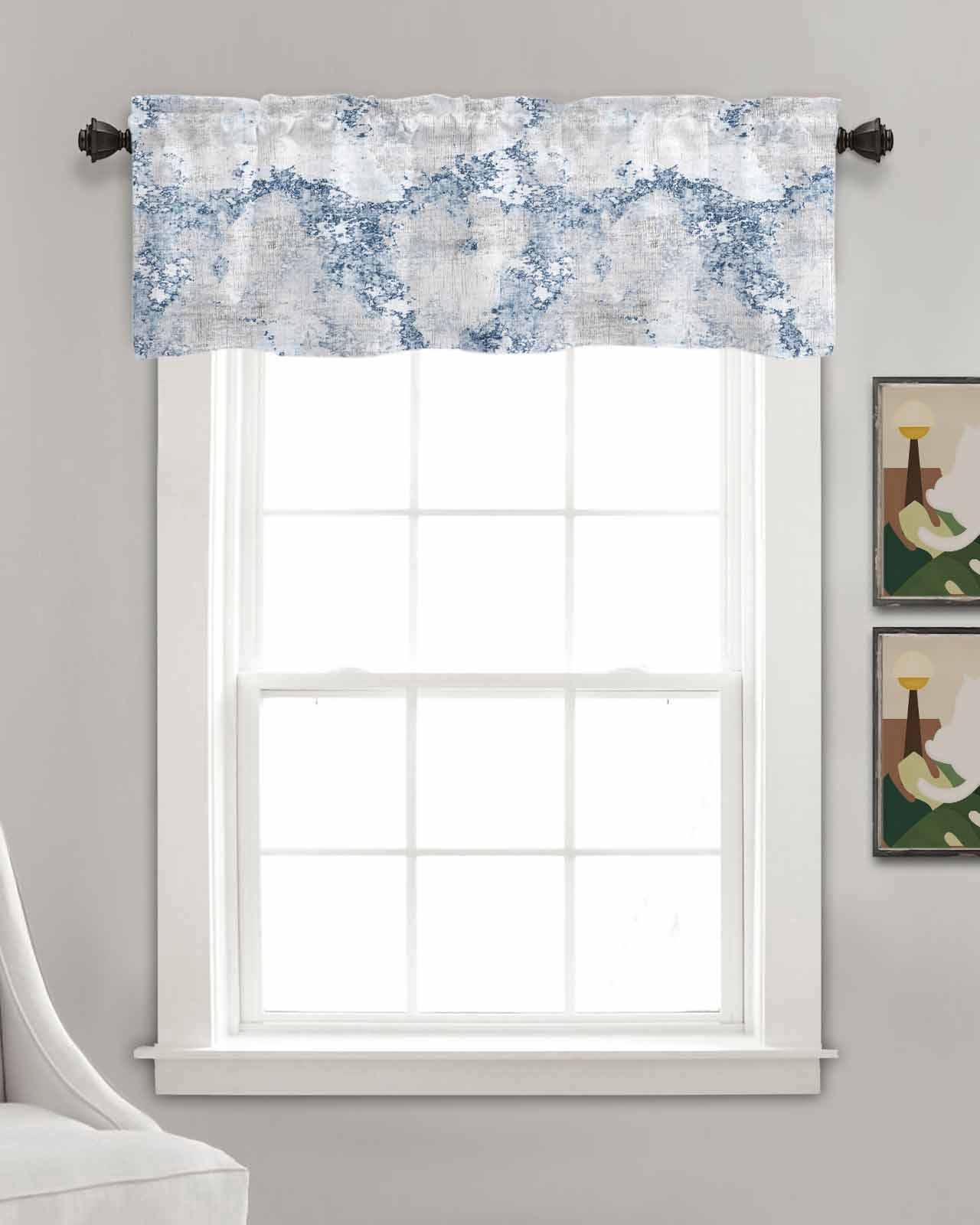 Blue Marble Linen Curtain Valance for Bedroom/Bathroom/Kitchen/Office/Living/Dining Room Window,Abstract Grey Gray Modern Minimalist Decor Pocket Topper Drapes Decorative Cafe Drapery Panel 42"x18"
