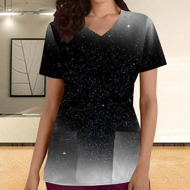 EGNMCR Hauts de Soins Infirmiers pour Femmes Mode Dégradé Imprimé Uniforme de Travail Manches Courtes Col en V Blouse de Travail T-shirt avec Poches
