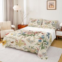 Homewish Rustic Flower Floral Twin Sheet Sets,Boho Moth Butterfly Twin Fitted Sheet,Beige Green Flat Sheet For Girls,Luxury Bedroom Decor,3-Piece