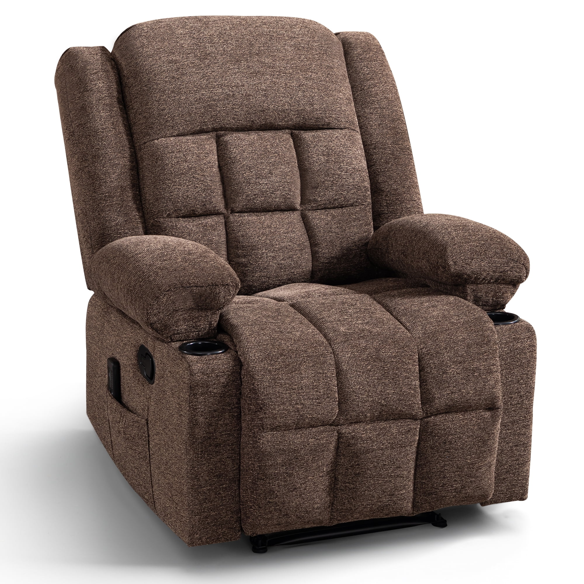 Ebello Manual Recliner Chair with Massage & Heat, Soft Fabric Recliner Chair with Cup Holders and Side Pockets for Living Room, Brown