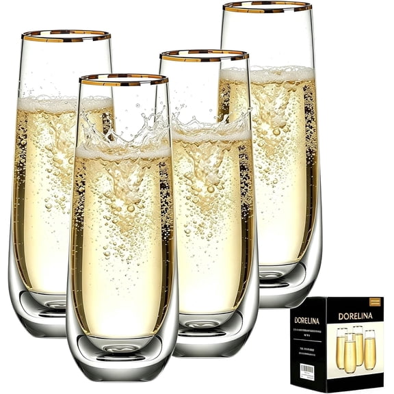 Stemless Champagne Flutes Set of 4, Gold Rim Champagne Glasses, Best Gift, Clear, D1002