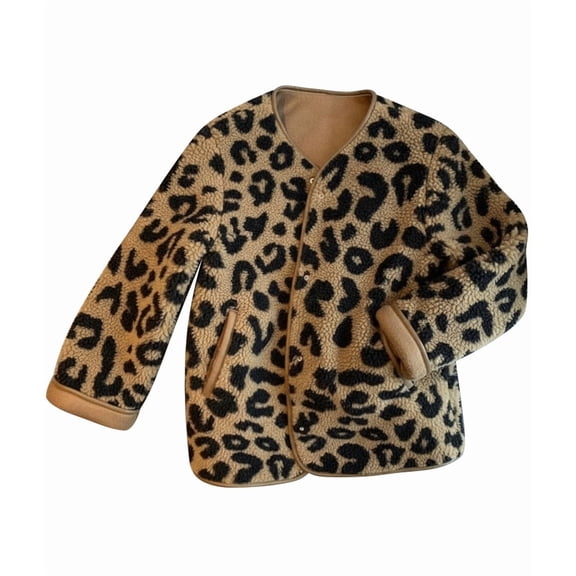 Womens Leopard Print Fleece Coat, Fashion Jacket Faux Fur Cardigan Overcoat S