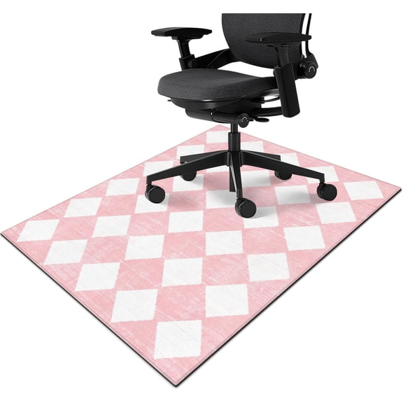 Office Chair Mat for Hardwood & Tile Floor,Boho Pink White Checkered 48"x36" Low-Pile Computer Chair Mat for Rolling Chairs Carpet, Under Desk Non Slip Gaming Rug,Rubber Backing Large Protector Mat