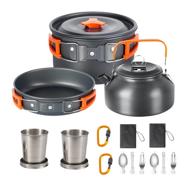 Kit de utensilios de cocina para acampar, olla para acampar, utensilios de cocina, sartén ligera con Naranja