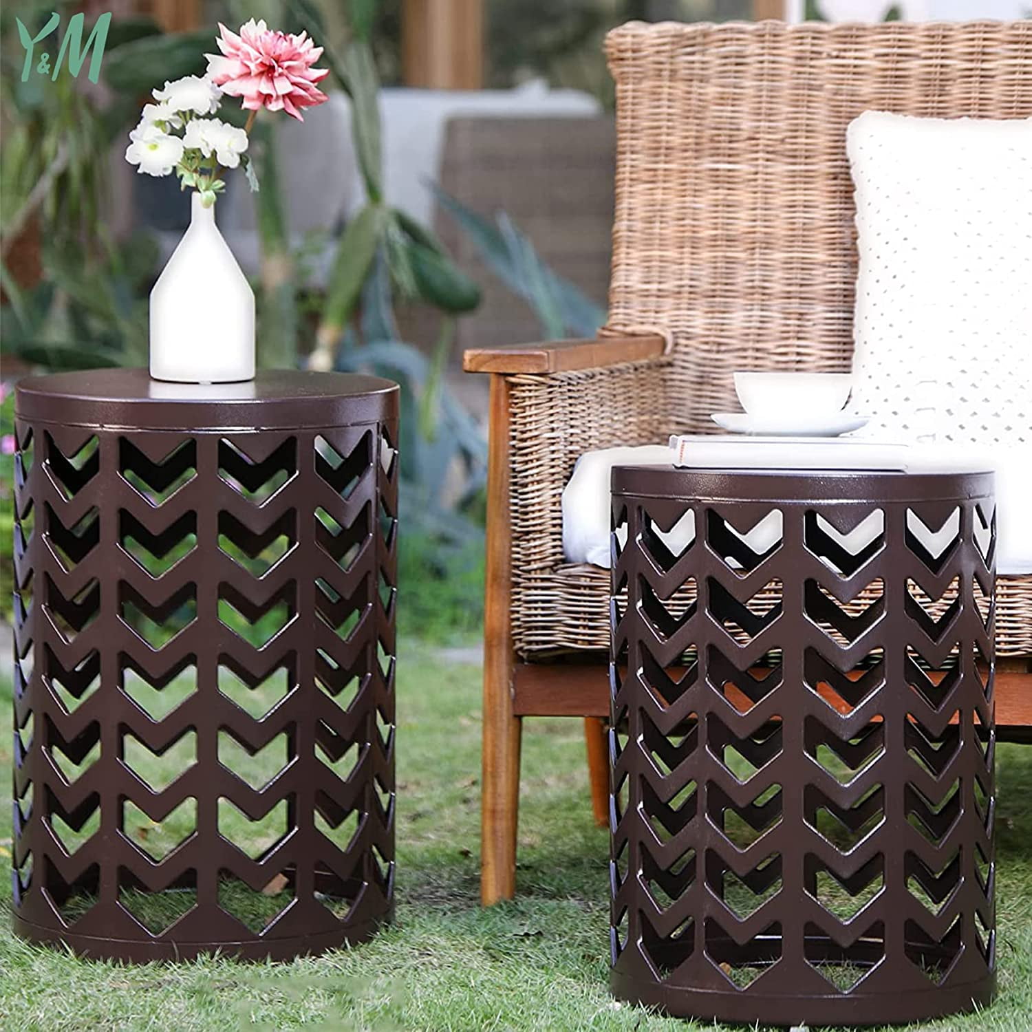 Y&M Set of 3 Round Heavy-Duty Side Table End Table, Coffee Table for Indoor Multifunctional Use, Outdoor Garden Stool Plant Stand-Pure Brown
